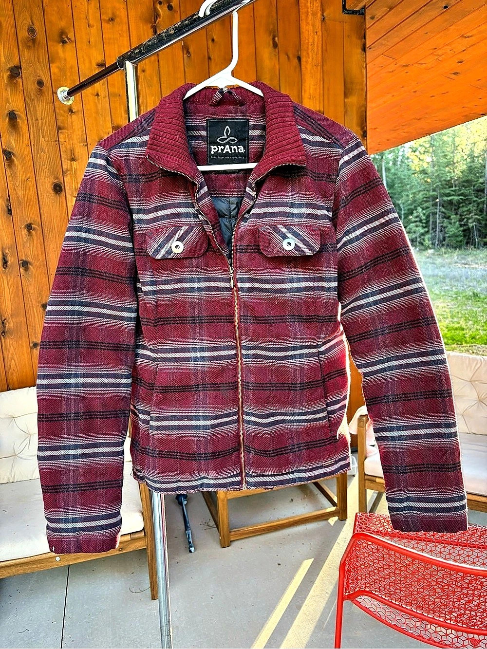 Prana Showdown Bomber Jacket Plaid Red & Gray, Medium